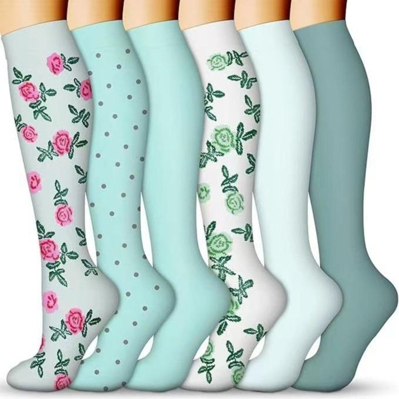 Compression Socks for Women & Men(6 Pairs) - 15-20Mmhg Comfortable, Breathable Flowers Socks for Nurses, Travel, Athletic. Fabric Moisture Wicking Support Socks Knee High Medical Compression Socks