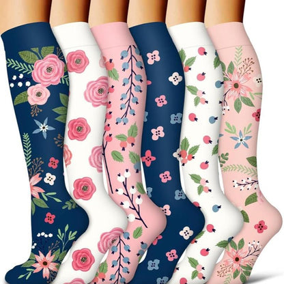 Compression Socks for Women & Men(6 Pairs) - 15-20Mmhg Comfortable, Breathable Flowers Socks for Nurses, Travel, Athletic. Fabric Moisture Wicking Support Socks Knee High Medical Compression Socks