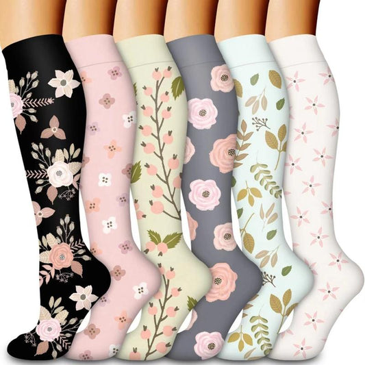 Compression Socks for Women & Men(6 Pairs) - 15-20Mmhg Comfortable, Breathable Flowers Socks for Nurses, Travel, Athletic. Fabric Moisture Wicking Support Socks Knee High Medical Compression Socks