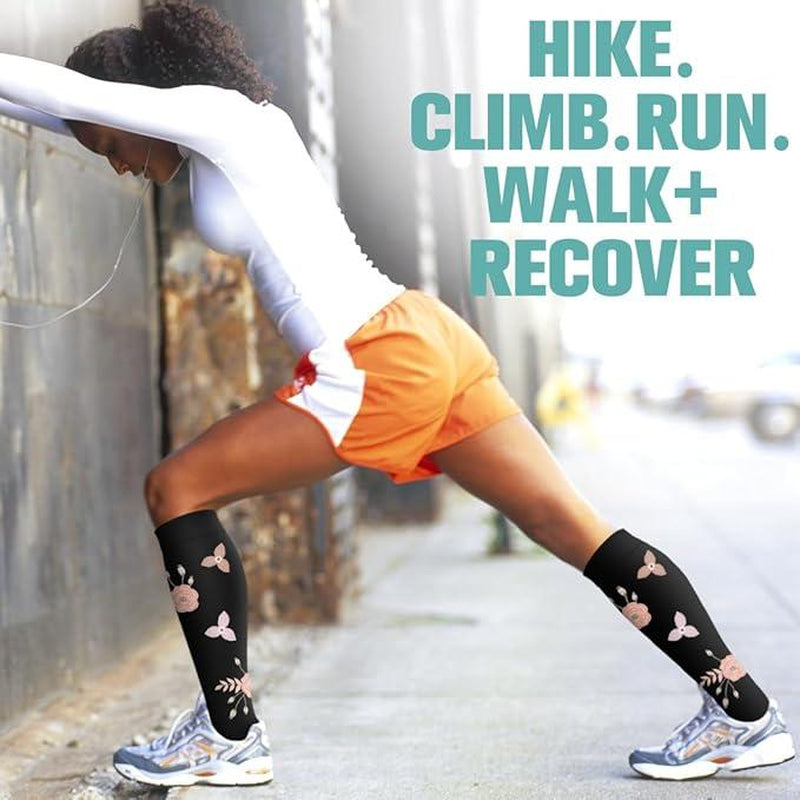 Compression Socks for Women & Men(6 Pairs) - 15-20Mmhg Comfortable, Breathable Flowers Socks for Nurses, Travel, Athletic. Fabric Moisture Wicking Support Socks Knee High Medical Compression Socks