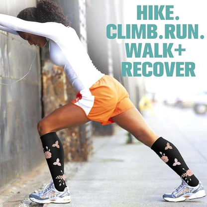 Compression Socks for Women & Men(6 Pairs) - 15-20Mmhg Comfortable, Breathable Flowers Socks for Nurses, Travel, Athletic. Fabric Moisture Wicking Support Socks Knee High Medical Compression Socks