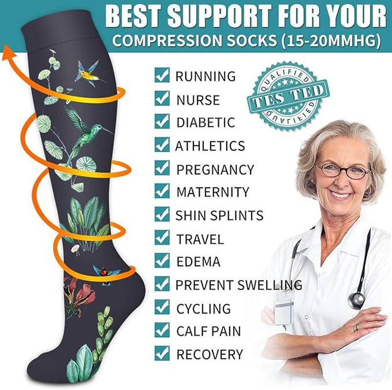 Compression Socks for Women & Men(6 Pairs) - 15-20Mmhg Comfortable, Breathable Flowers Socks for Nurses, Travel, Athletic. Fabric Moisture Wicking Support Socks Knee High Medical Compression Socks