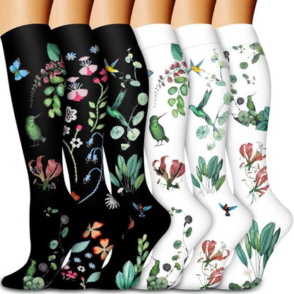 Compression Socks for Women & Men(6 Pairs) - 15-20Mmhg Comfortable, Breathable Flowers Socks for Nurses, Travel, Athletic. Fabric Moisture Wicking Support Socks Knee High Medical Compression Socks