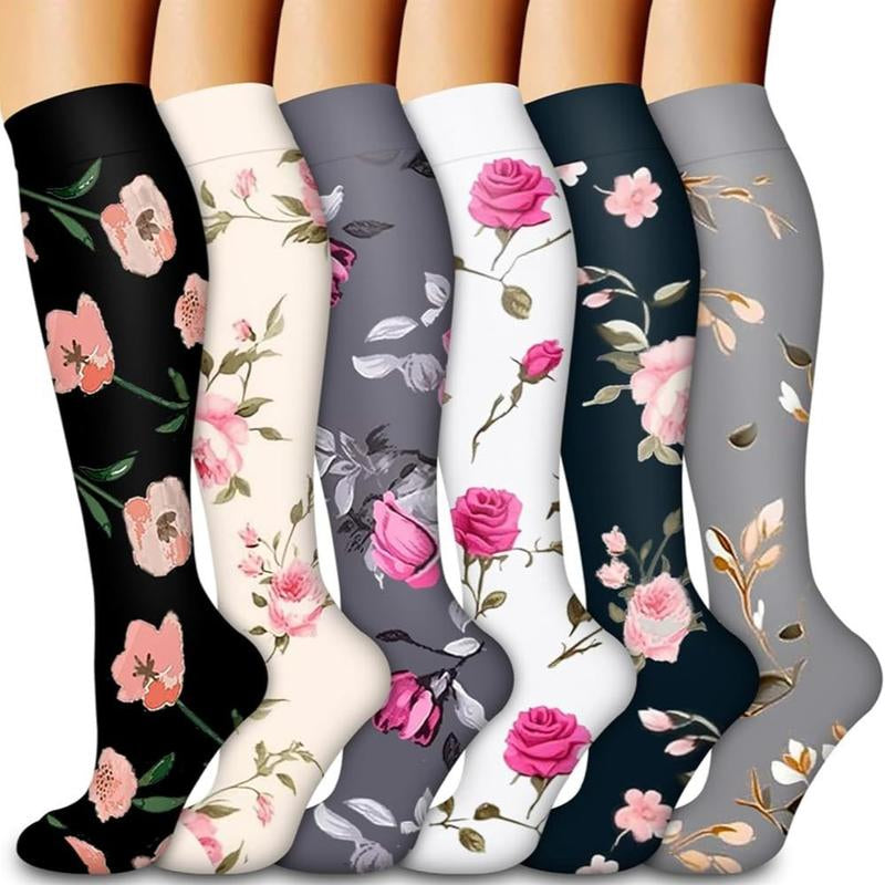 Compression Socks for Women & Men(6 Pairs) - 15-20Mmhg Comfortable, Breathable Flowers Socks for Nurses, Travel, Athletic. Fabric Moisture Wicking Support Socks Knee High Medical Compression Socks