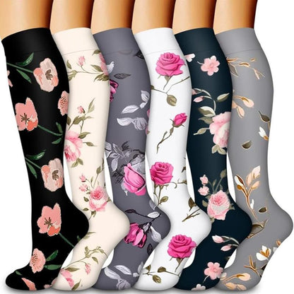 Compression Socks for Women & Men(6 Pairs) - 15-20Mmhg Comfortable, Breathable Flowers Socks for Nurses, Travel, Athletic. Fabric Moisture Wicking Support Socks Knee High Medical Compression Socks