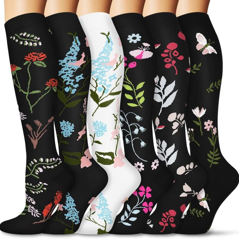 Compression Socks for Women & Men(6 Pairs) - 15-20Mmhg Comfortable, Breathable Flowers Socks for Nurses, Travel, Athletic. Fabric Moisture Wicking Support Socks Knee High Medical Compression Socks