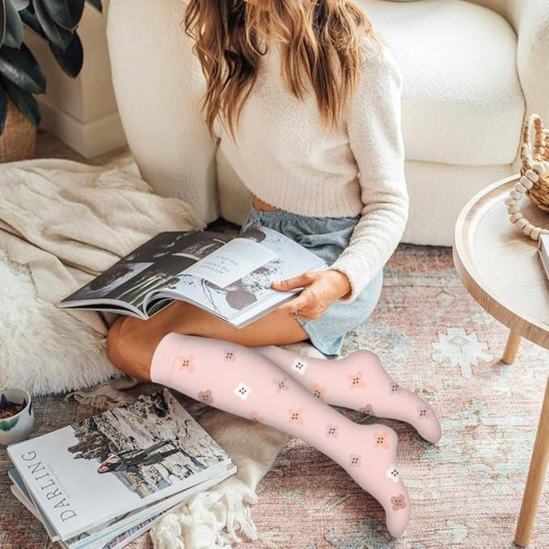 Compression Socks for Women & Men(6 Pairs) - 15-20Mmhg Comfortable, Breathable Flowers Socks for Nurses, Travel, Athletic. Fabric Moisture Wicking Support Socks Knee High Medical Compression Socks