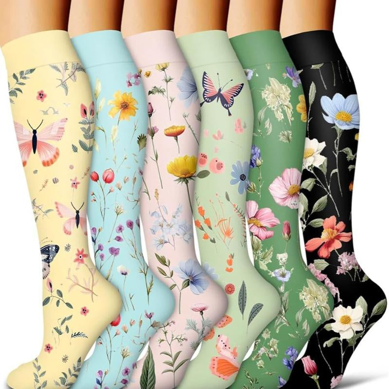 Compression Socks for Women & Men(6 Pairs) - 15-20Mmhg Comfortable, Breathable Flowers Socks for Nurses, Travel, Athletic. Fabric Moisture Wicking Support Socks Knee High Medical Compression Socks