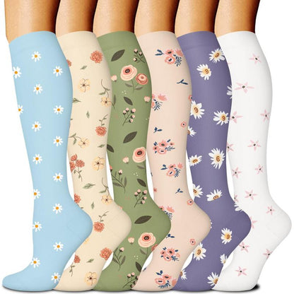 Compression Socks for Women & Men(6 Pairs) - 15-20Mmhg Comfortable, Breathable Flowers Socks for Nurses, Travel, Athletic. Fabric Moisture Wicking Support Socks Knee High Medical Compression Socks