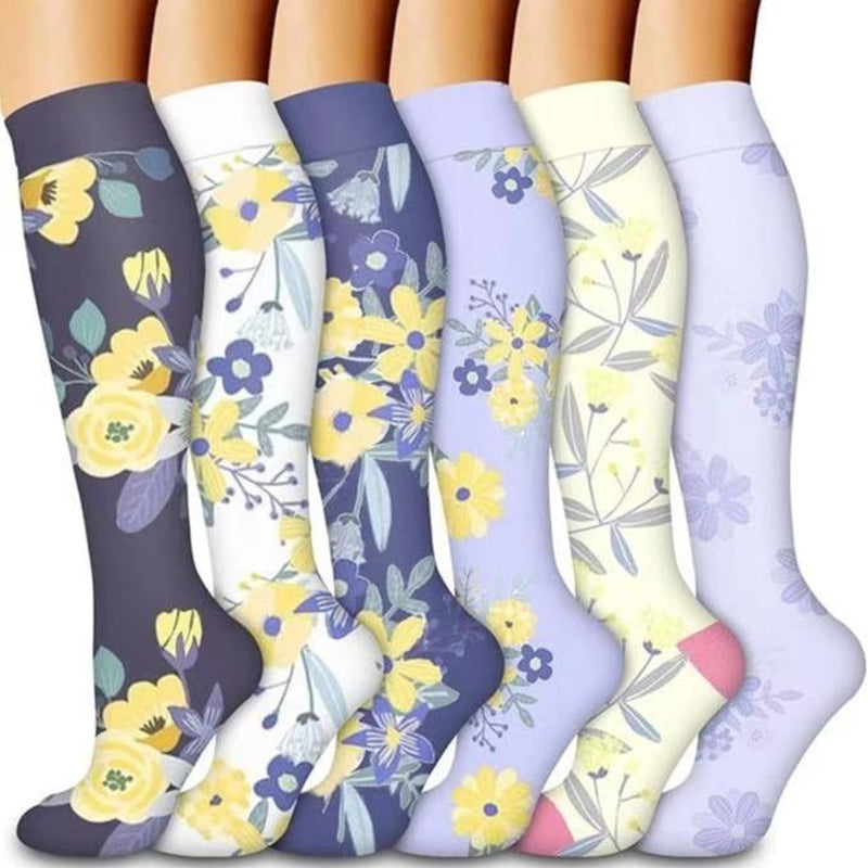 Compression Socks for Women & Men(6 Pairs) - 15-20Mmhg Comfortable, Breathable Flowers Socks for Nurses, Travel, Athletic. Fabric Moisture Wicking Support Socks Knee High Medical Compression Socks