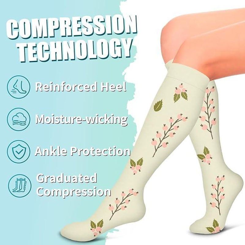 Compression Socks for Women & Men(6 Pairs) - 15-20Mmhg Comfortable, Breathable Flowers Socks for Nurses, Travel, Athletic. Fabric Moisture Wicking Support Socks Knee High Medical Compression Socks