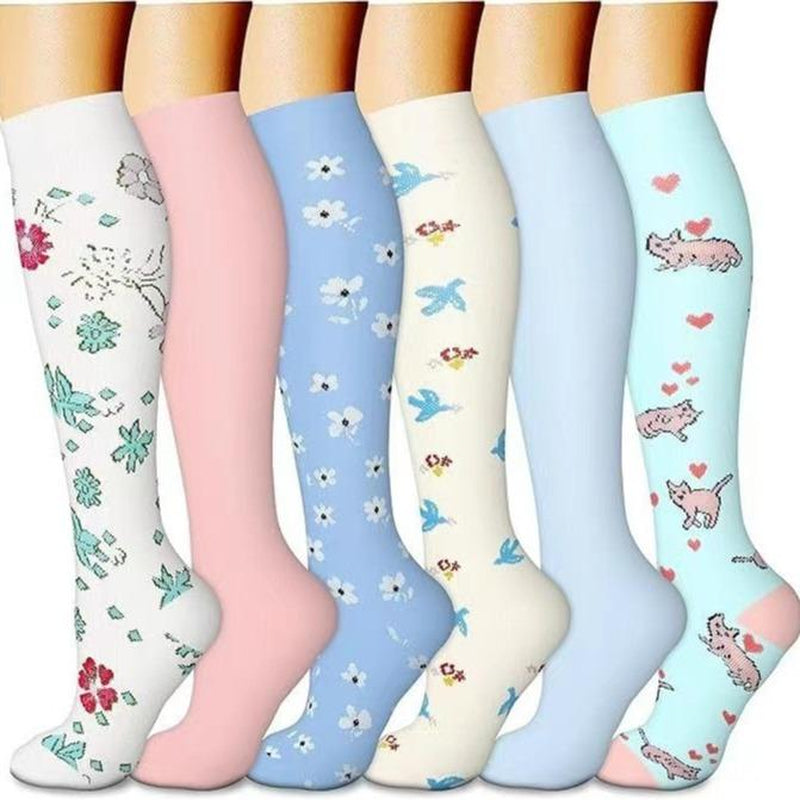 Compression Socks for Women & Men(6 Pairs) - 15-20Mmhg Comfortable, Breathable Flowers Socks for Nurses, Travel, Athletic. Fabric Moisture Wicking Support Socks Knee High Medical Compression Socks
